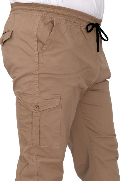Mode XL Büyük Beden Pantolon Keten Kargo Jogger Milano 21912 Cappuccino - Resim 4