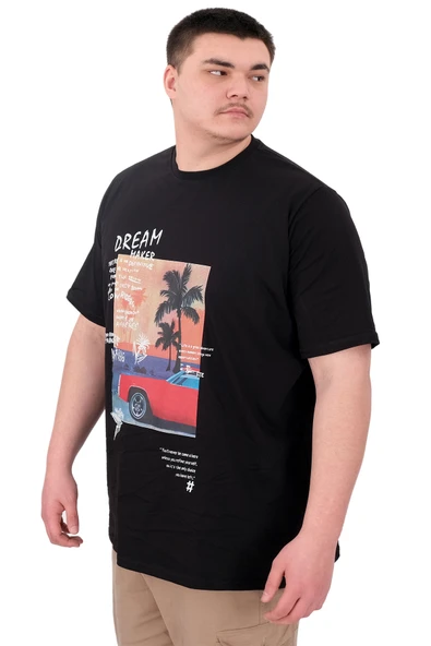 Mode XL Büyük Beden Erkek Baskılı T-Shirt Palm Dream U25026 Siyah - Resim 4