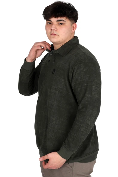Mode XL Büyük Beden Erkek Polo Yaka Sweatshirt Baskılı Selanik U24440 Haki - Resim 2