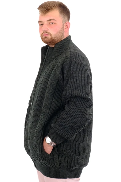 Mode XL Büyük Beden Erkek Örme Desenli Hırka RAİL 24210 Haki - Resim 2