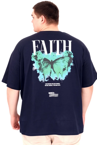Mode XL Büyük Beden Erkek T-Shirt Bisiklet Yaka FAITH U25030 Lacivert - Resim 2