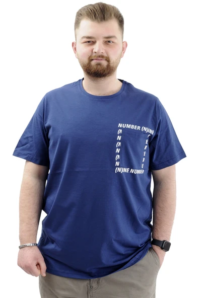 Mode XL Erkek Büyük Beden T-Shirt Pamuklu Baskılı Bisiklet Yaka Tişört NUMBER U24051 İndigo ürün görseli