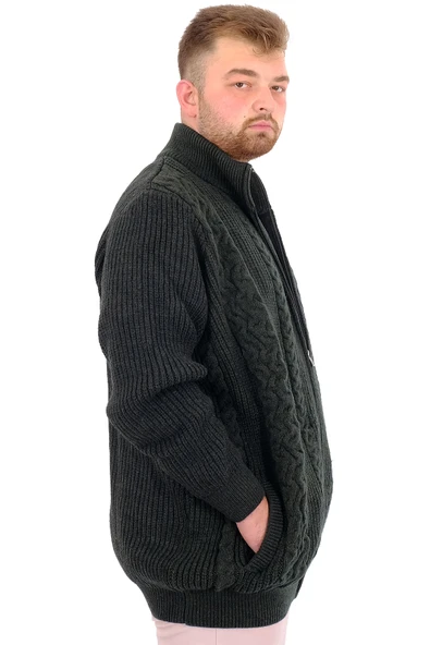 Mode XL Büyük Beden Erkek Örme Desenli Hırka RAİL 24210 Haki - Resim 3