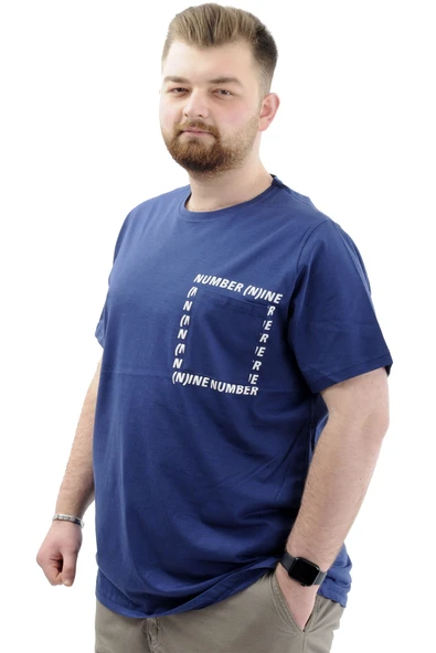 Mode XL Erkek Büyük Beden T-Shirt Pamuklu Baskılı Bisiklet Yaka Tişört NUMBER U24051 İndigo - Resim 2