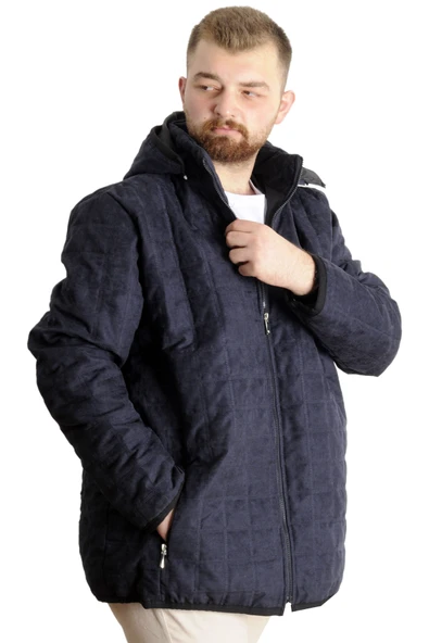 Mode XL Büyük Beden Erkek Kapüşonlu Mont Kapitone 23639 Lacivert - Resim 3