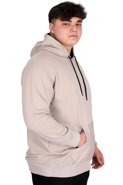Mode XL Büyük Beden Erkek Basic Sweatshirt Kapüşonlu Kanguru Cep U24166 Gri - Resim 2