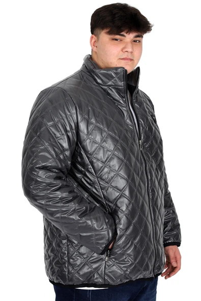 Mode XL Büyük Beden Erkek Dik Yaka Kapitone Mont U24615 Antrasit - Resim 2