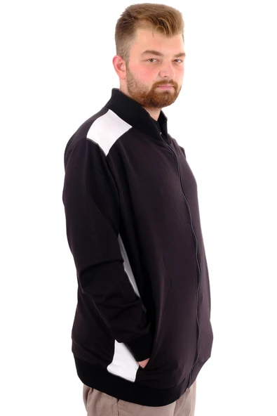 Mode XL Büyük Beden Erkek Eşofman Üstü Dik Yaka Fermuarlı BROOKLYN U24522 Siyah-Ekru - 3