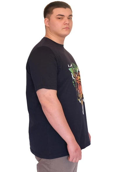 Mode XL Büyük Beden Erkek T-Shirt Bisiklet Yaka TIGER Baskılı U25007 Lacivert - Resim 2