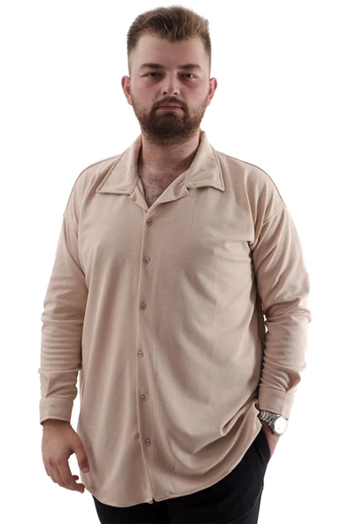 Mode XL Büyük Beden Erkek Gömlek Apas Yaka Uzun Kol JAKAR U24381 Bej