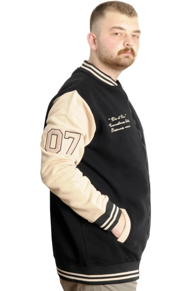 Mode XL Büyük Beden Erkek Kolej Mont Fermuarlı Ceket REPUTATION 23634 Siyah-Bej - Resim 3