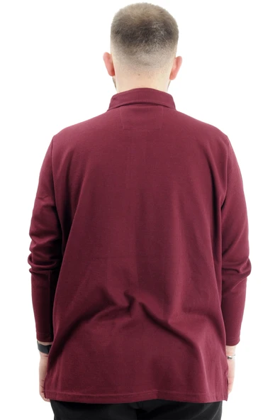 Mode XL Büyük Beden Erkek Sweatshirt Polo Yaka Uzun Kol WAFFLE 23449 Bordo - Resim 4
