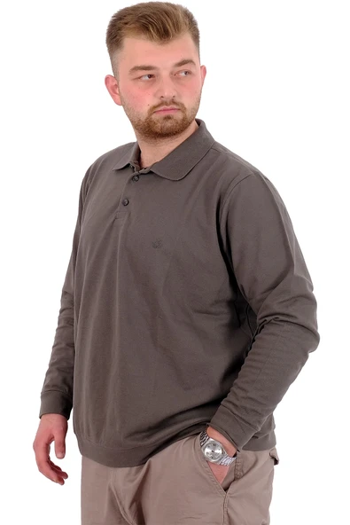 Mode XL Büyük Beden Erkek Polo Yaka Sweatshirt Nakışlı U24340 Haki - 2
