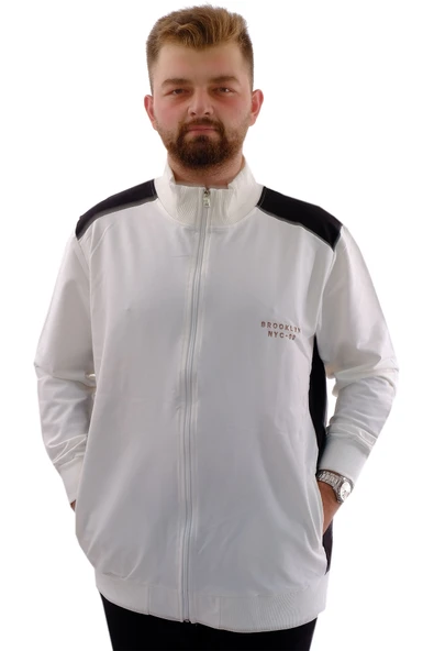 Mode XL Büyük Beden Erkek Eşofman Üstü Dik Yaka Fermuarlı BROOKLYN U24522 Ekru - Resim 3