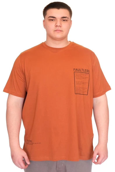 Mode XL Büyük Beden Erkek T-Shirt Bisiklet Yaka FAULTLESS Basklılı U25011 Tarçın ürün görseli