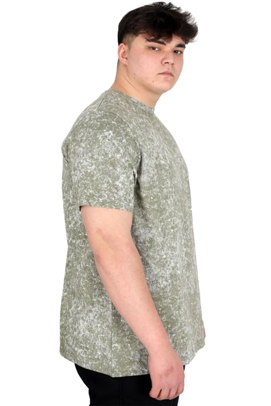 Mode XL Büyük Beden Erkek T-Shirt Bisiklet Yaka Aşındırma Baskı U20037 Haki - Resim 2