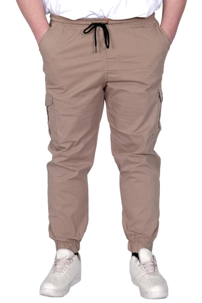 Mode XL Büyük Beden Erkek Pantolon Keten Kargo Jogger 21911 Cappucino
