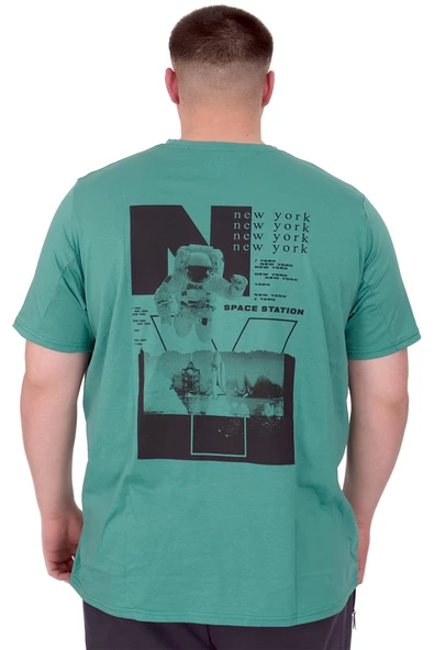 Mode XL Büyük Beden Erkek T-Shirt Bisiklet Yaka Space U25018 Çağla - Resim 3