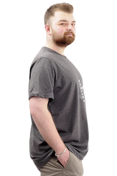 Mode XL Büyük Beden Erkek T-Shirt V Yaka Baskılı BELIEVE U24054 Antrasit - Resim 3