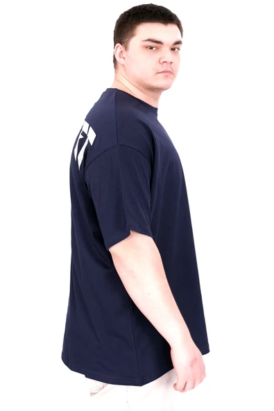 Mode XL Büyük Beden Erkek T-Shirt Bisiklet Yaka BORN TOLYFT U25029 Lacivert - Resim 3