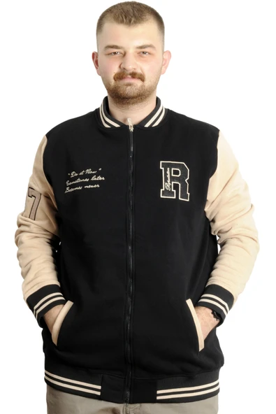 Mode XL Büyük Beden Erkek Kolej Mont Fermuarlı Ceket REPUTATION 23634 Siyah-Bej ürün görseli