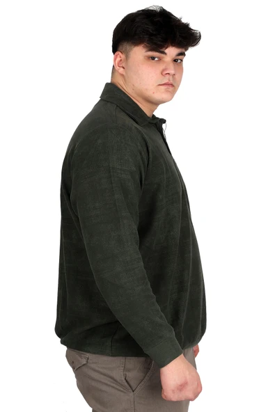 Mode XL Büyük Beden Erkek Polo Yaka Sweatshirt Baskılı Selanik U24440 Haki - Resim 3