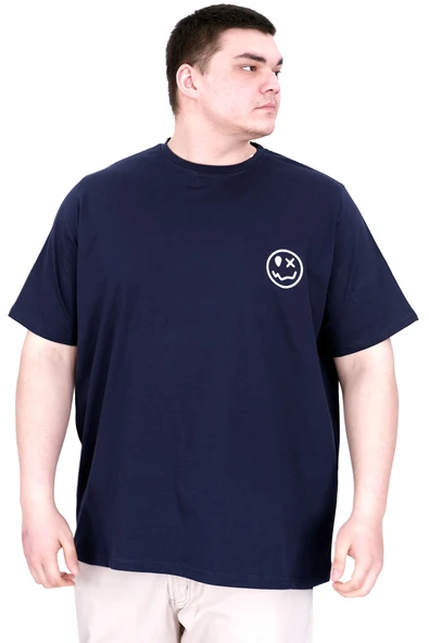 Mode XL Büyük Beden Erkek T-Shirt Bisiklet Yaka GREAT U25024 Lacivert - Resim 4