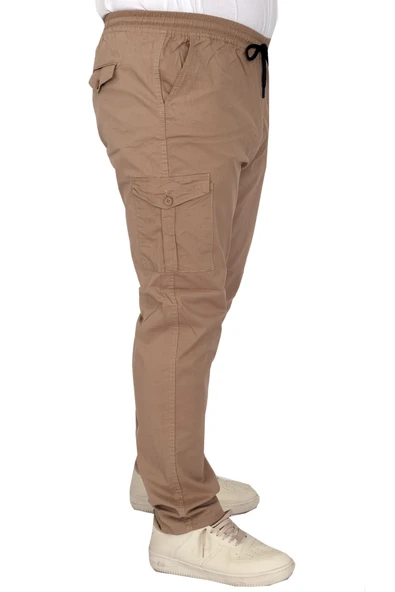Mode XL Büyük Beden Pantolon Keten Kargo Jogger Milano 21912 Cappuccino - Resim 5