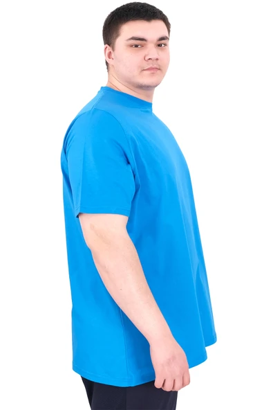 Mode XL Büyük Beden Erkek T-Shirt Bisiklet Yaka GREAT U25024 Saks - Resim 3