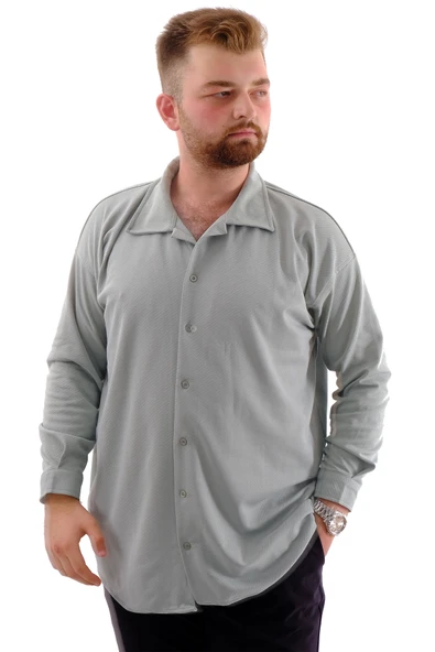 Mode XL Büyük Beden Erkek Gömlek Apas Yaka Uzun Kol JAKAR U24381 Çağla