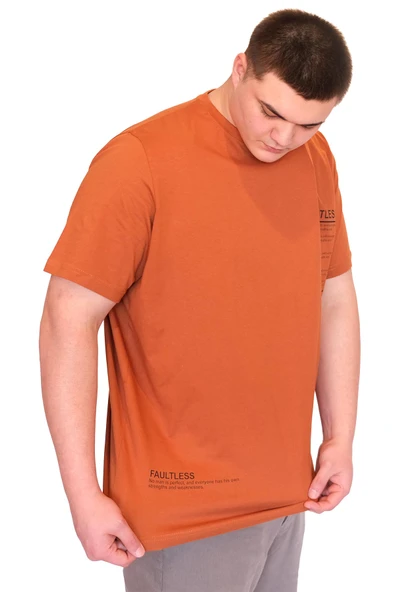 Mode XL Büyük Beden Erkek T-Shirt Bisiklet Yaka FAULTLESS Basklılı U25011 Tarçın - Resim 4