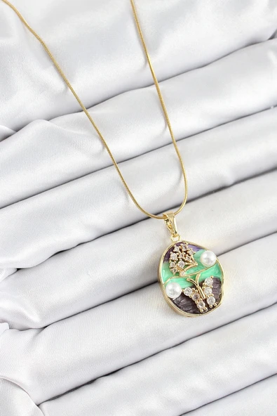 pilelistore 316L Çelik Zincir Zirkon Taşlı Yeşil Mor Sanatsal Portre İnci Detaylı Ağaç Ve Kelebek Figürlü Model Gold Ren - 2