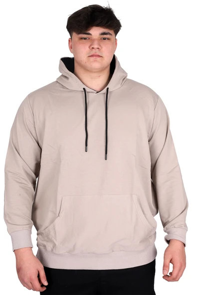 Mode XL Büyük Beden Erkek Basic Sweatshirt Kapüşonlu Kanguru Cep U24166 Gri ürün görseli