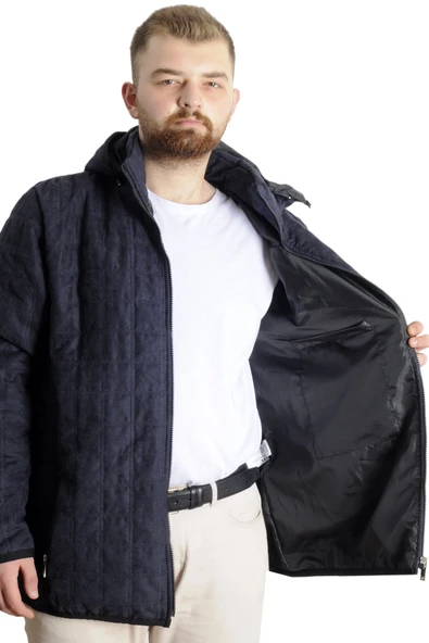 Mode XL Büyük Beden Erkek Kapüşonlu Mont Kapitone 23639 Lacivert - Resim 5