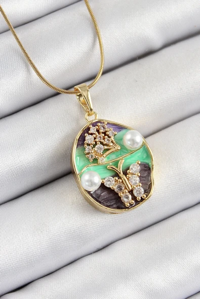 pilelistore 316L Çelik Zincir Zirkon Taşlı Yeşil Mor Sanatsal Portre İnci Detaylı Ağaç Ve Kelebek Figürlü Model Gold Ren