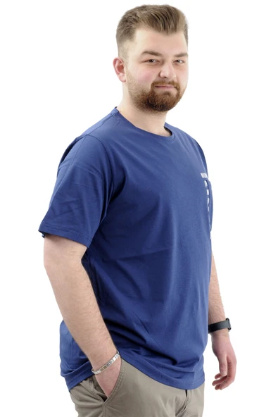 Mode XL Erkek Büyük Beden T-Shirt Pamuklu Baskılı Bisiklet Yaka Tişört NUMBER U24051 İndigo - Resim 3