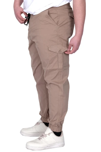 Mode XL Büyük Beden Erkek Pantolon Keten Kargo Jogger 21911 Cappucino - 4