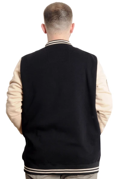 Mode XL Büyük Beden Erkek Kolej Mont Fermuarlı Ceket REPUTATION 23634 Siyah-Bej - Resim 4