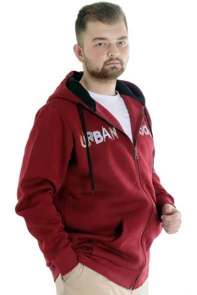 Mode XL Erkek Sweat Kapşonlu Fermuarlı 22531 Bordo - Resim 2
