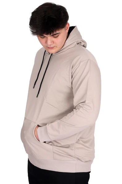Mode XL Büyük Beden Erkek Basic Sweatshirt Kapüşonlu Kanguru Cep U24166 Gri - Resim 3
