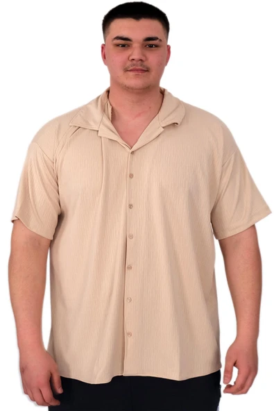 Mode XL Büyük Beden Erkek Gömlek Apas Yaka Şerit Desen Jakar U24382 Bej ürün görseli