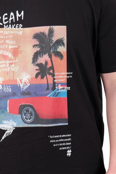 Mode XL Büyük Beden Erkek Baskılı T-Shirt Palm Dream U25026 Siyah - Resim 5