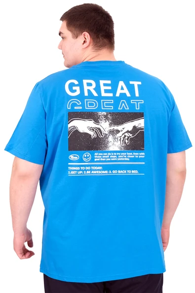 Mode XL Büyük Beden Erkek T-Shirt Bisiklet Yaka GREAT U25024 Saks - Resim 2