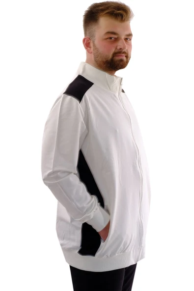 Mode XL Büyük Beden Erkek Eşofman Üstü Dik Yaka Fermuarlı BROOKLYN U24522 Ekru - Resim 2