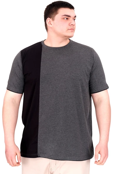Mode XL Büyük Beden Erkek T-Shirt Parçalı MD08 U22134 Antrasit - Resim 4