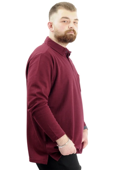 Mode XL Büyük Beden Erkek Sweatshirt Polo Yaka Uzun Kol WAFFLE 23449 Bordo - Resim 3