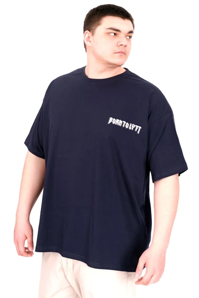 Mode XL Büyük Beden Erkek T-Shirt Bisiklet Yaka BORN TOLYFT U25029 Lacivert ürün görseli 1