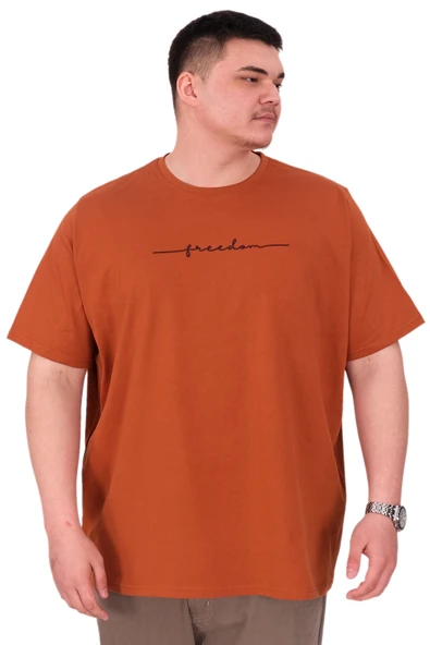 Mode XL Büyük Beden Erkek T-Shirt Bisiklet Yaka FREEDOM U25033 Tarçın ürün görseli 1