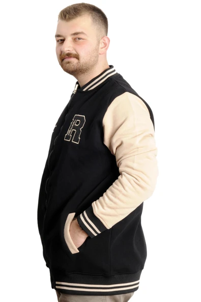 Mode XL Büyük Beden Erkek Kolej Mont Fermuarlı Ceket REPUTATION 23634 Siyah-Bej - Resim 2