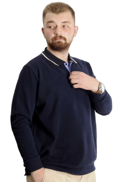Mode XL Büyük Beden Erkek Sweat Polo Selanik Horse 23440 Lacivert - Resim 3